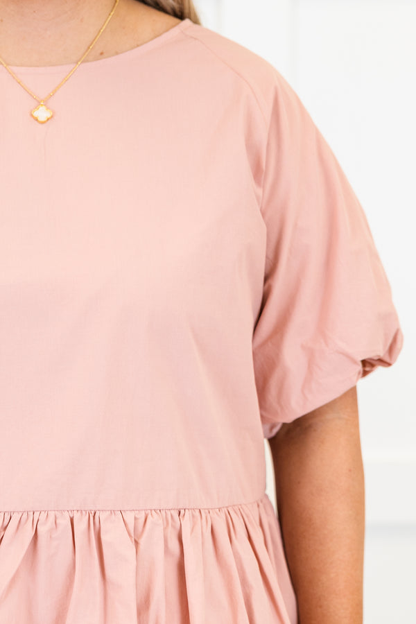 Chic Soul plus size clothing, short-puffed-sleeve rose gold baby doll top with a high-scoop-neckline and a puffed detailing on the lower half of the top 