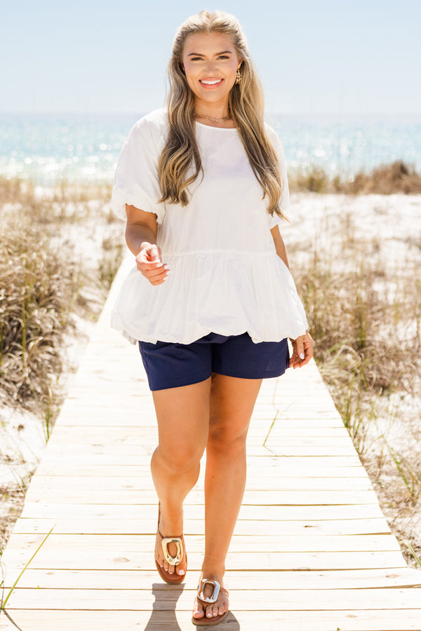 Chic Soul plus size clothing, white short sleeve peplum top with round neckline with bubble sleeve detail with bubble detail along the bottom