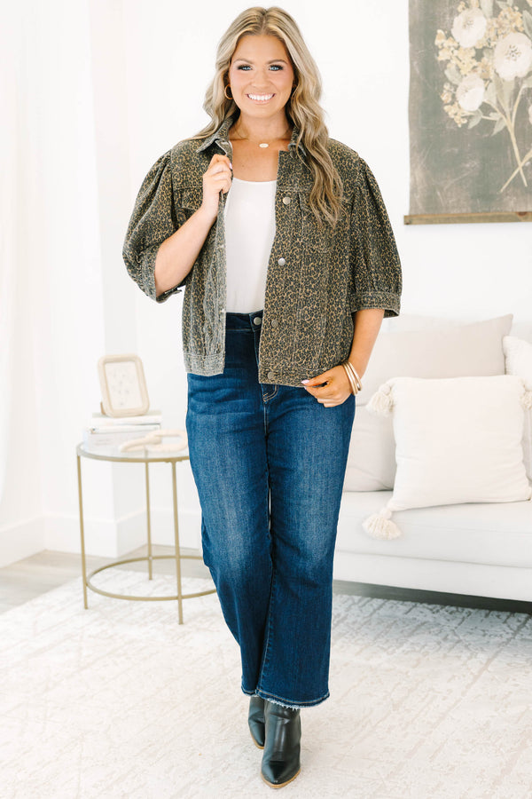 Plus Size leopard print denim jacket with three-quarter puff sleeves and a cropped fit.