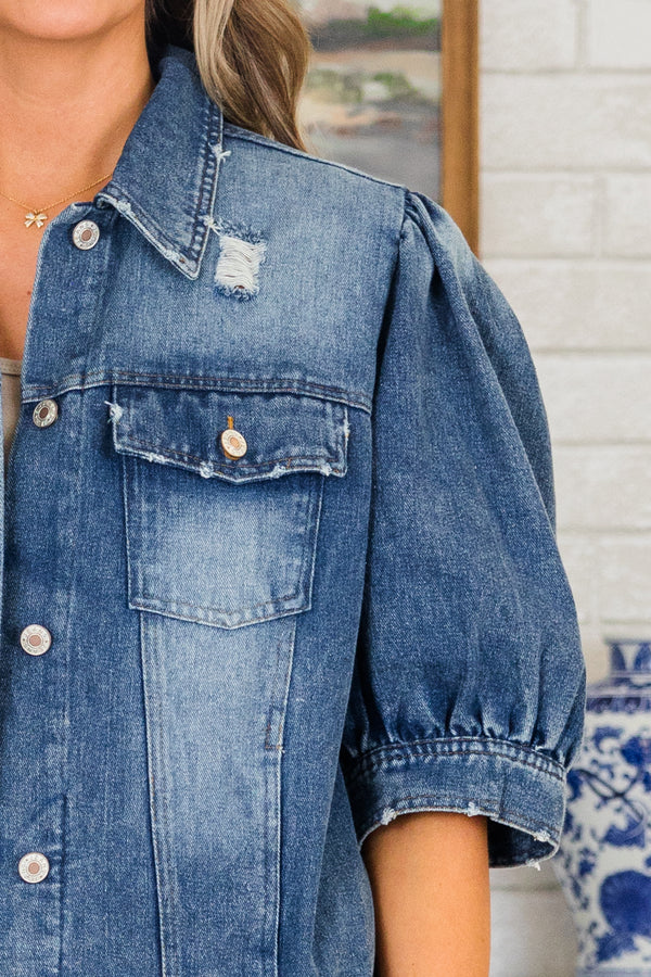 Chic Soul plus size clothing, short-puffed-sleeve washed denim jacket with a collar and silver button detailing