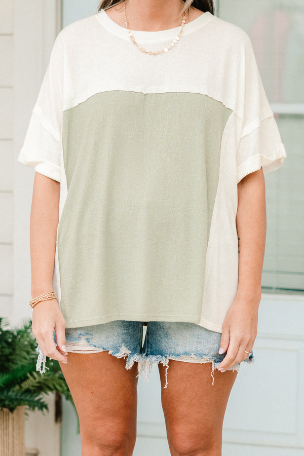 Chic Soul plus size clothing, short-cuffed-sleeve sage green and light sage green color block top with a high-scoop-neckline