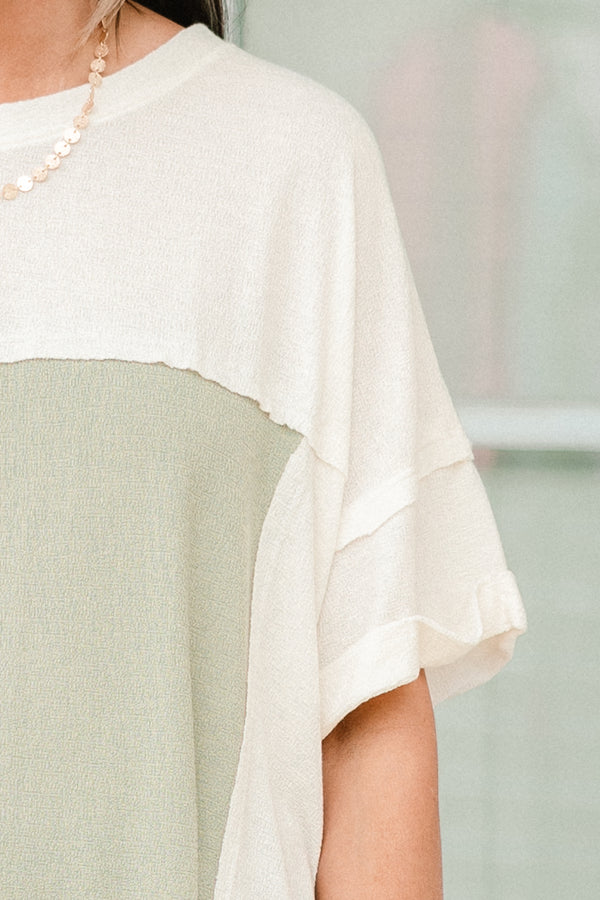 Chic Soul plus size clothing, short-cuffed-sleeve sage green and light sage green color block top with a high-scoop-neckline