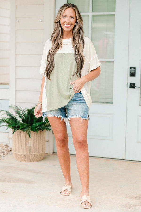 Chic Soul plus size clothing, short-cuffed-sleeve sage green and light sage green color block top with a high-scoop-neckline
