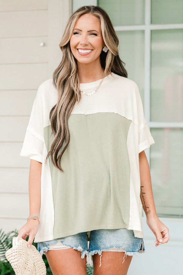 Chic Soul plus size clothing, short-cuffed-sleeve sage green and light sage green color block top with a high-scoop-neckline