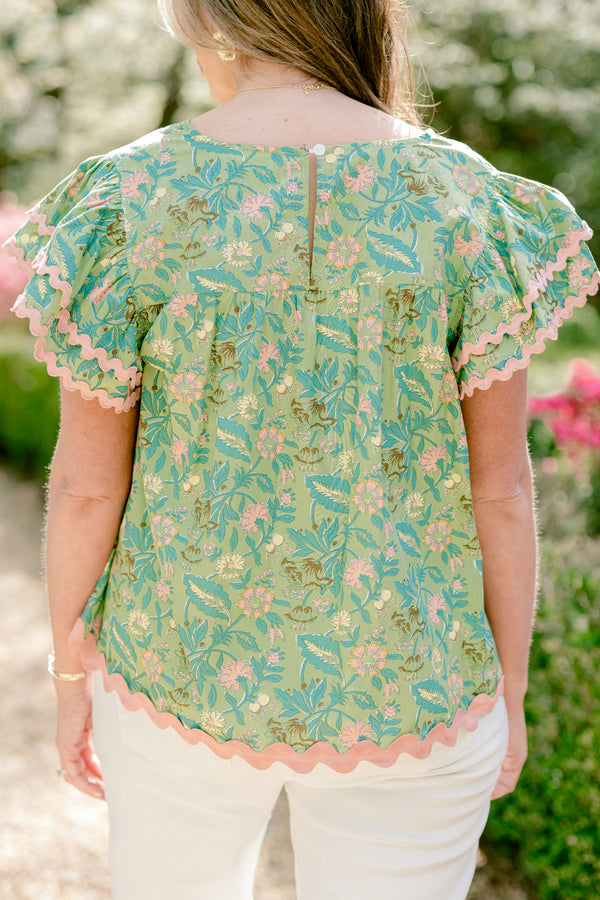 Chic Soul plus size clothing, floral green blouse with pink ric rac detailing and flutter sleeves