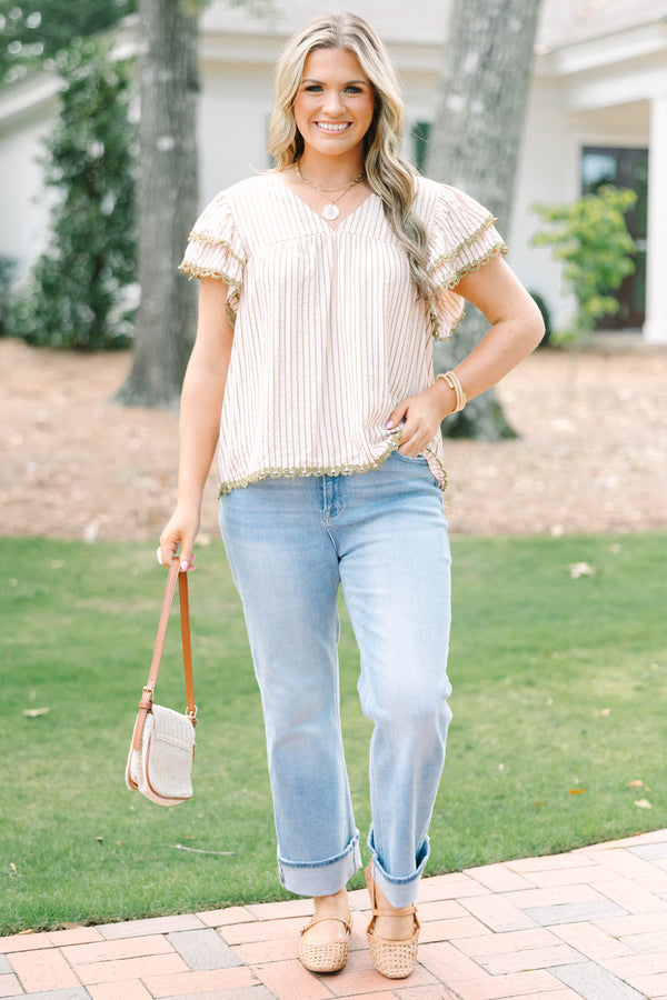 Plus Size light pink striped top with a V-neckline, ruffled sleeves, and olive green lace trim.