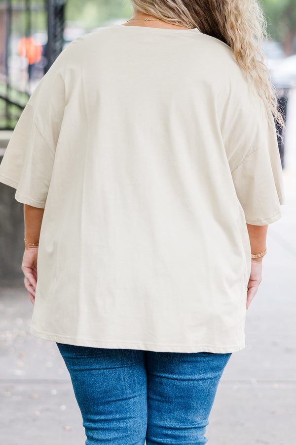 Chic Soul plus size clothing, beige short sleeve boyfriend tee with orange pumpkin graphic with a pink bow on the stem
