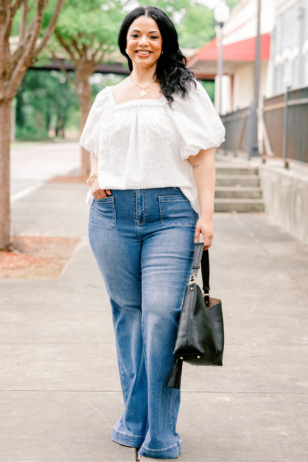 Chic Soul plus size clothing, medium wash boot cut jeans with patch pockets