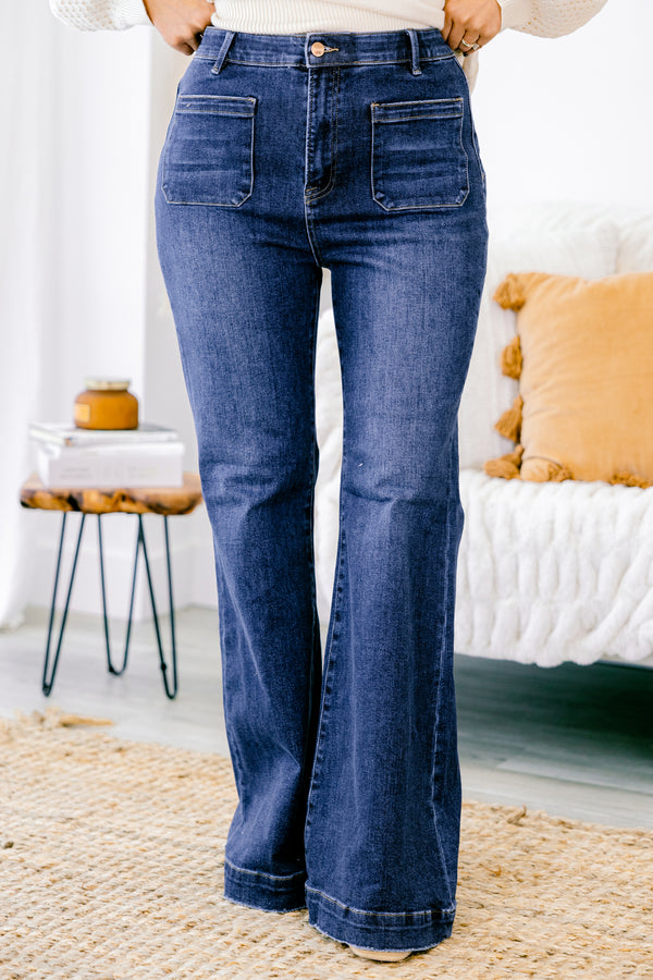 Chic Soul plus size clothing, dark wash denim bootcut jeans with two front pockets