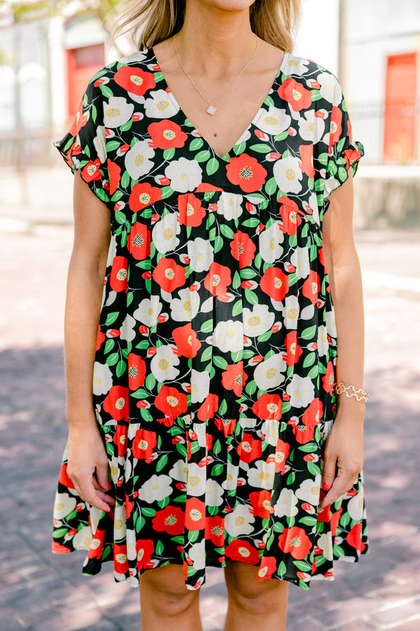 Chic Soul plus size clothing, Black babydoll dress with a red and white floral pattern and slight v-neckline 