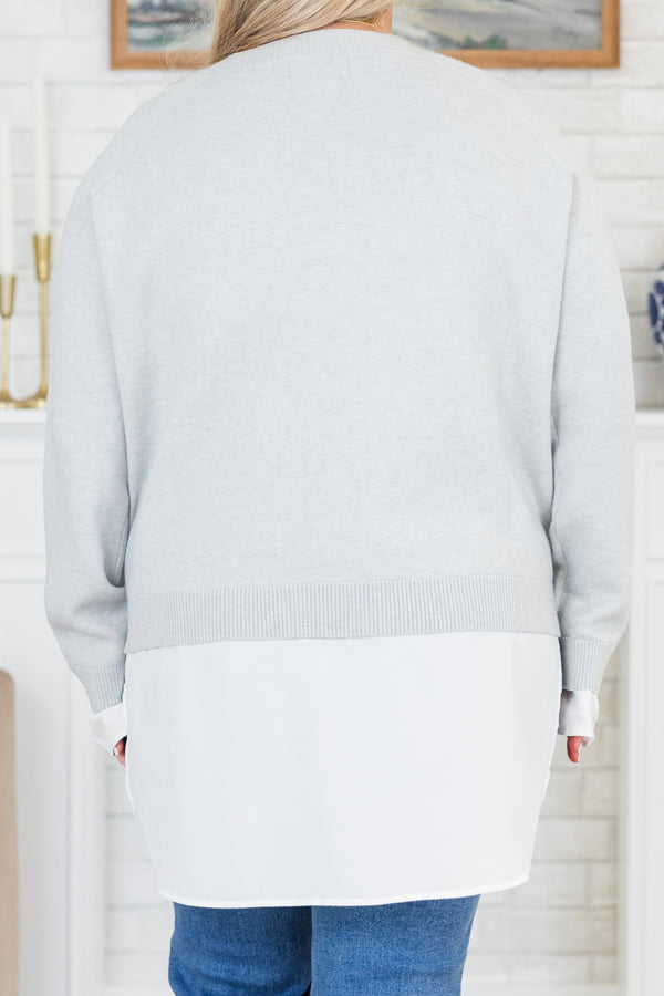 Chic Soul plus size clothing, long-sleeve gray sweater with a high-scoop-neckline and a built-in white top showing along the sleeves and bottom