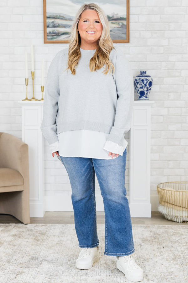 Chic Soul plus size clothing, long-sleeve gray sweater with a high-scoop-neckline and a built-in white top showing along the sleeves and bottom