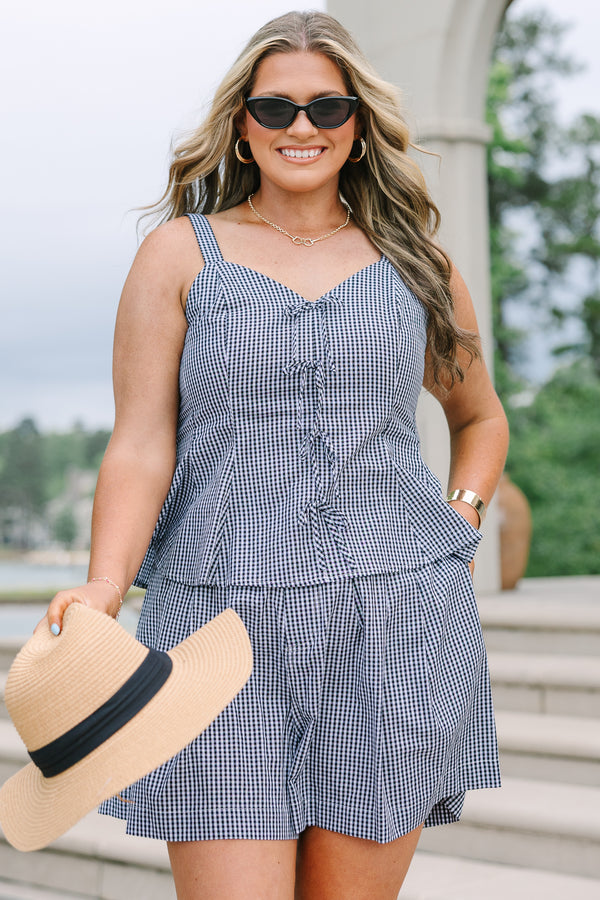Plus Size black and white gingham tank top with tie-front details