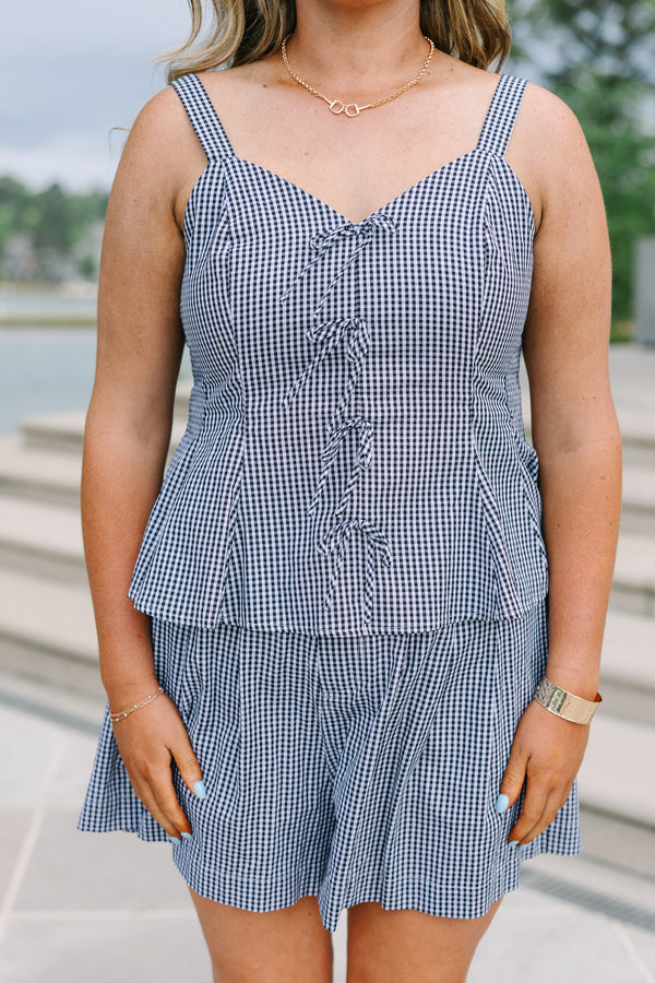 Plus Size black and white gingham tank top with tie-front details