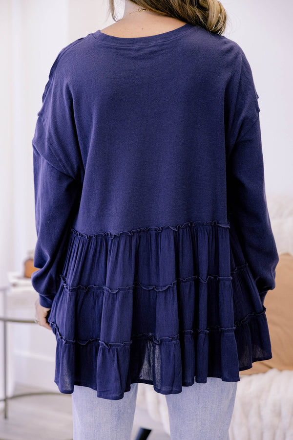 Chic Soul plus size clothing, navy long sleeve ruffle tiered baby doll top
