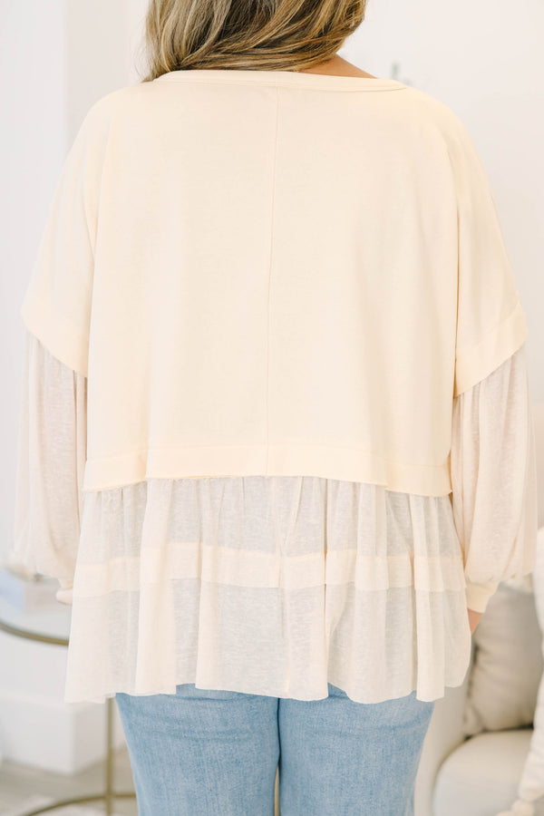 Chic Soul plus size clothing, long-sleeve oatmeal tan ruffled babydoll top with contrast materials on sleeve and bottom of the top
