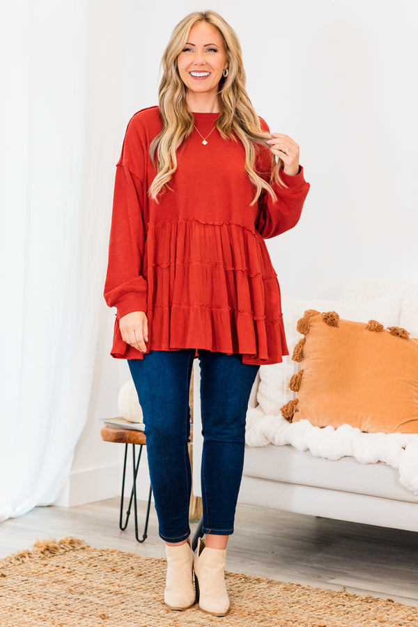Chic Soul plus size clothing, red long sleeve babydoll top with three tiered ruffle detail along bottom with cuff sleeves and round neckline