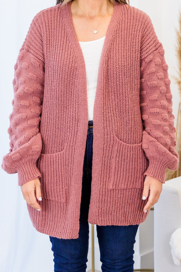 Chic Soul plus size clothing, lauve long sleeve cardigan with bubble dot texture on sleeves with two large pockets
