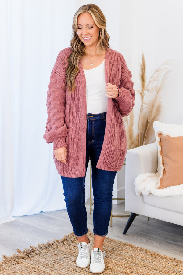 Chic Soul plus size clothing, lauve long sleeve cardigan with bubble dot texture on sleeves with two large pockets
