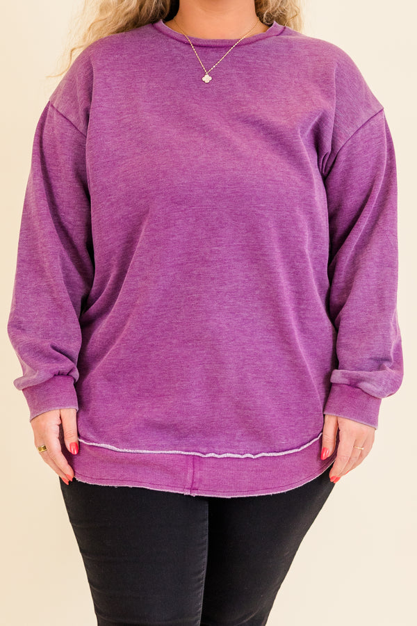 Chic Soul plus size clothing, long-sleeve eggplant purple distressed tunic with crewneck