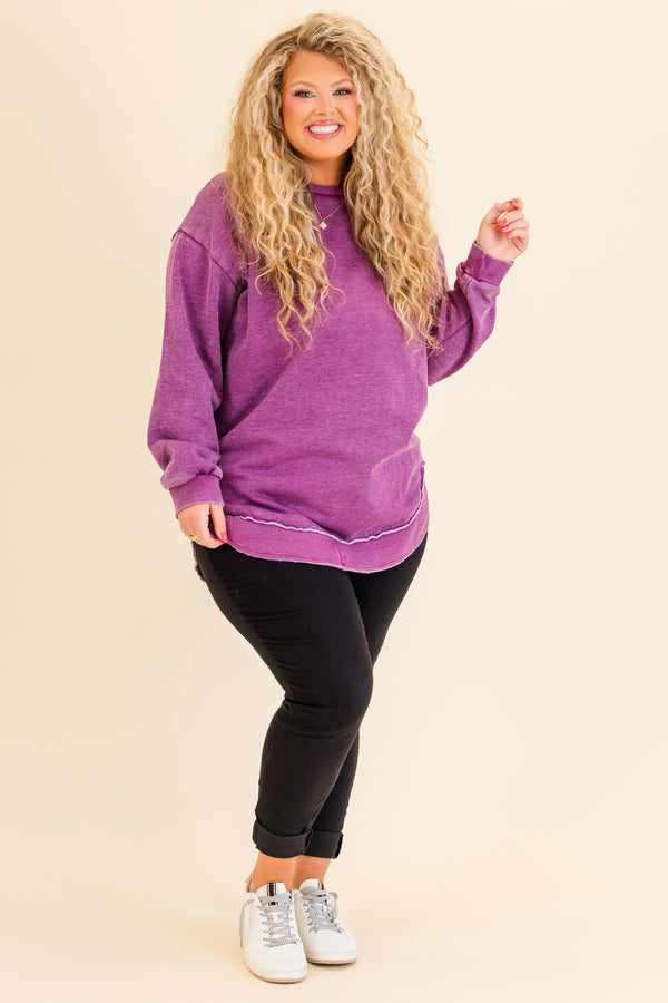 Chic Soul plus size clothing, long-sleeve eggplant purple distressed tunic with crewneck
