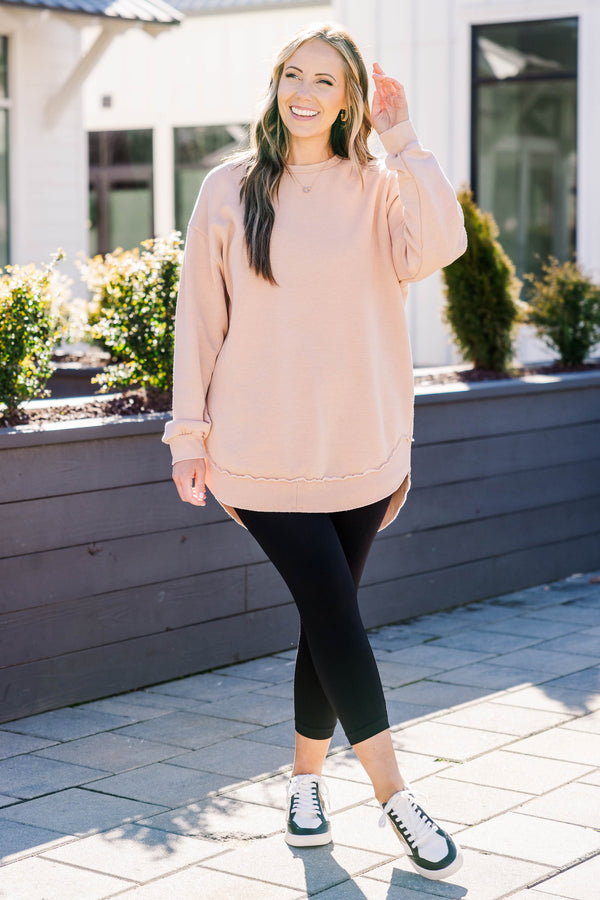 Chic Soul plus size clothing, toasted almond long sleeve pullover with cuff sleeves and distressed bottom hemming