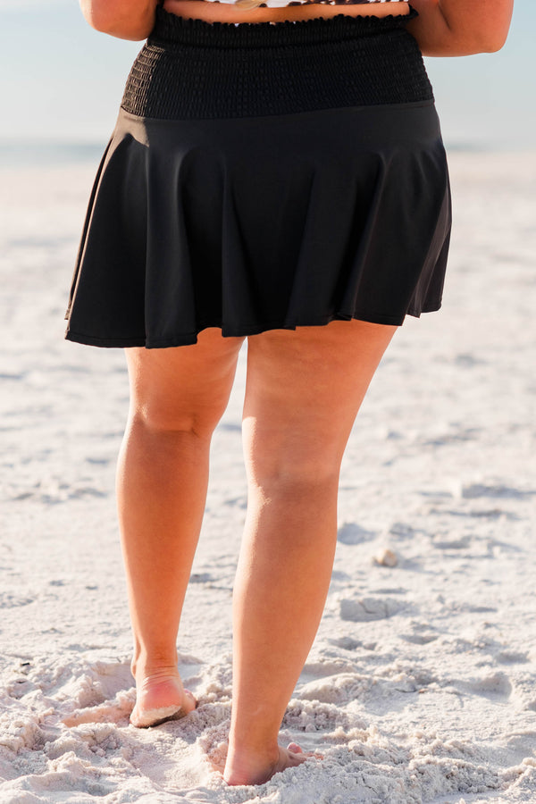 Chic Soul plus size clothing, flowy black swim skirt with ruching along waistband with tie detail