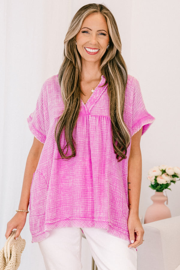 Chic Soul plus size clothing, short-sleeve cuffed bright mauve mineral washed top with v-neckline with subtle fraying along the hem 