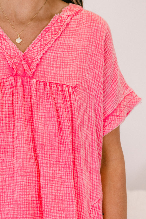 Chic Soul plus size clothing, short-sleeve fuchsia mineral wash waffle knit top with a v-neckline and a subtle distressed fraying along the hem