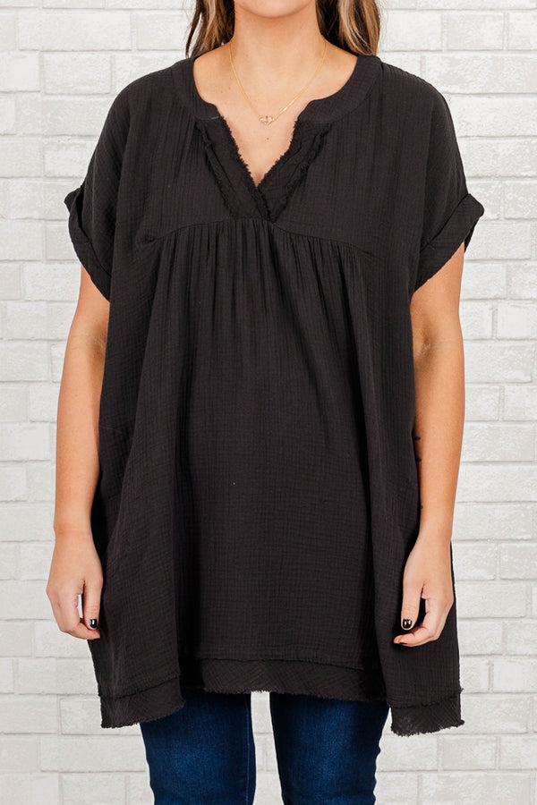 Chic Soul plus size clothing, black short sleeve tunic with cuff sleeves with distressed v neck