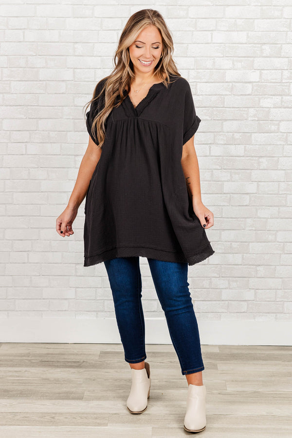 Chic Soul plus size clothing, black short sleeve tunic with cuff sleeves with distressed v neck