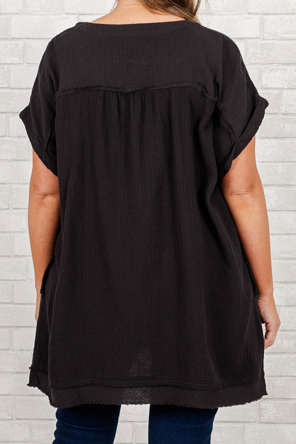 Chic Soul plus size clothing, black short sleeve tunic with cuff sleeves with distressed v neck