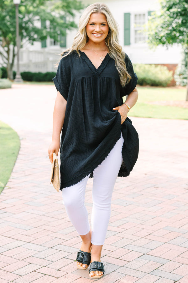 Chic Soul plus size clothing, black short sleeve tunic with cuff sleeves with distressed v neck
