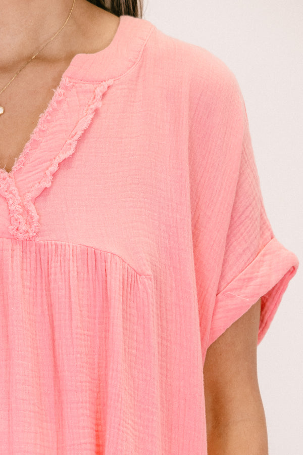 Chic Soul plus size clothing, dark pink short sleeve gauzy texture v-neck tunic