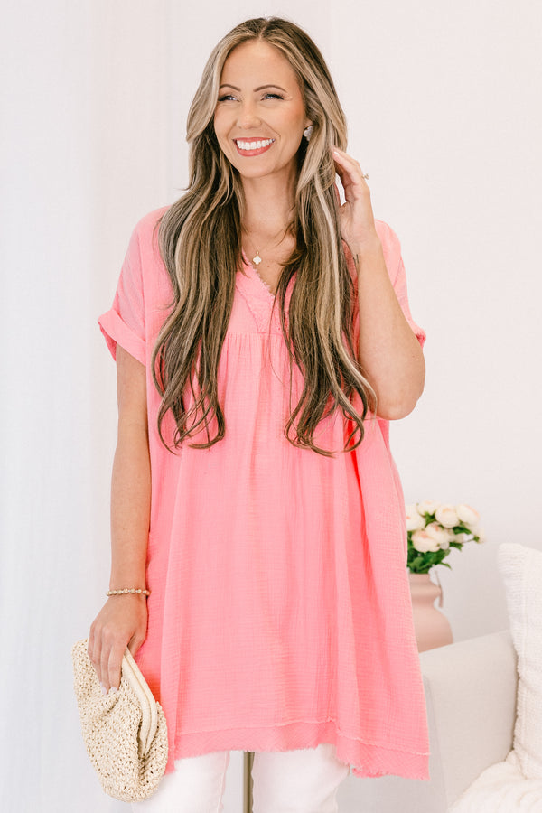 Chic Soul plus size clothing, dark pink short sleeve gauzy texture v-neck tunic