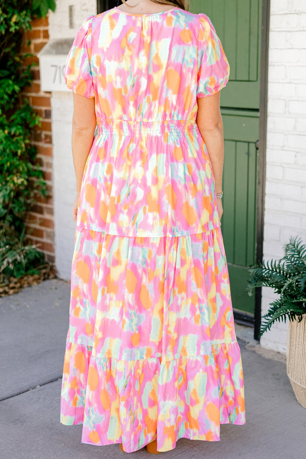 Chic Soul plus size clothing, orange watercolor abstract print short sleeve maxi dress with cinched waist with v cutout along neckline
