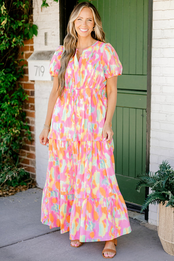 Chic Soul plus size clothing, orange watercolor abstract print short sleeve maxi dress with cinched waist with v cutout along neckline
