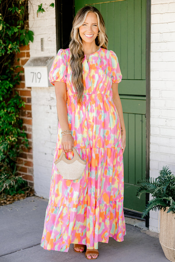 Chic Soul plus size clothing, orange watercolor abstract print short sleeve maxi dress with cinched waist with v cutout along neckline