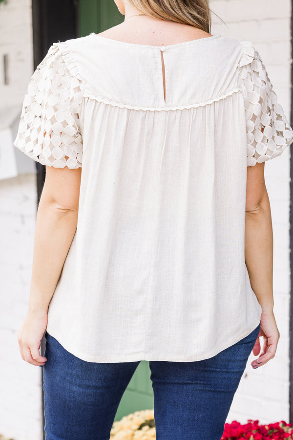 Chic Soul plus size clothing, puffed short-sleeve oatmeal tan top with scoop-neckline and square patterned lace detailing on upper-bodice and sleeves