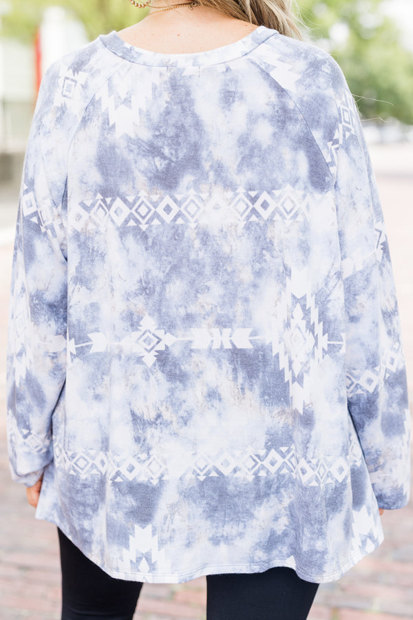 Chic Soul plus size clothing, blue long sleeve top with an Aztec tie dye pattern and slight v-neckline 
