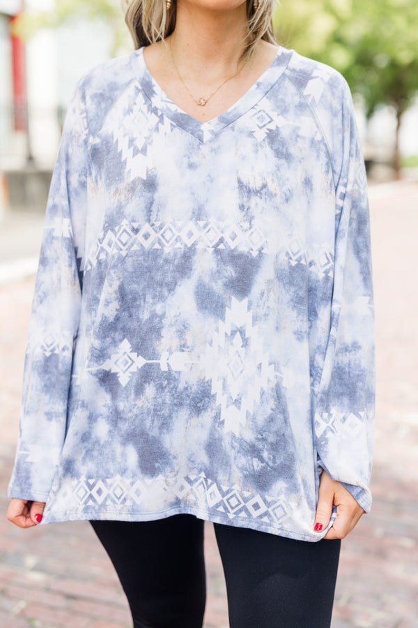 Chic Soul plus size clothing, blue long sleeve top with an Aztec tie dye pattern and slight v-neckline 