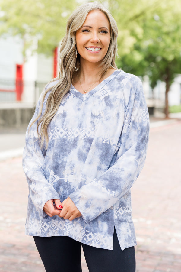 Chic Soul plus size clothing, blue long sleeve top with an Aztec tie dye pattern and slight v-neckline 