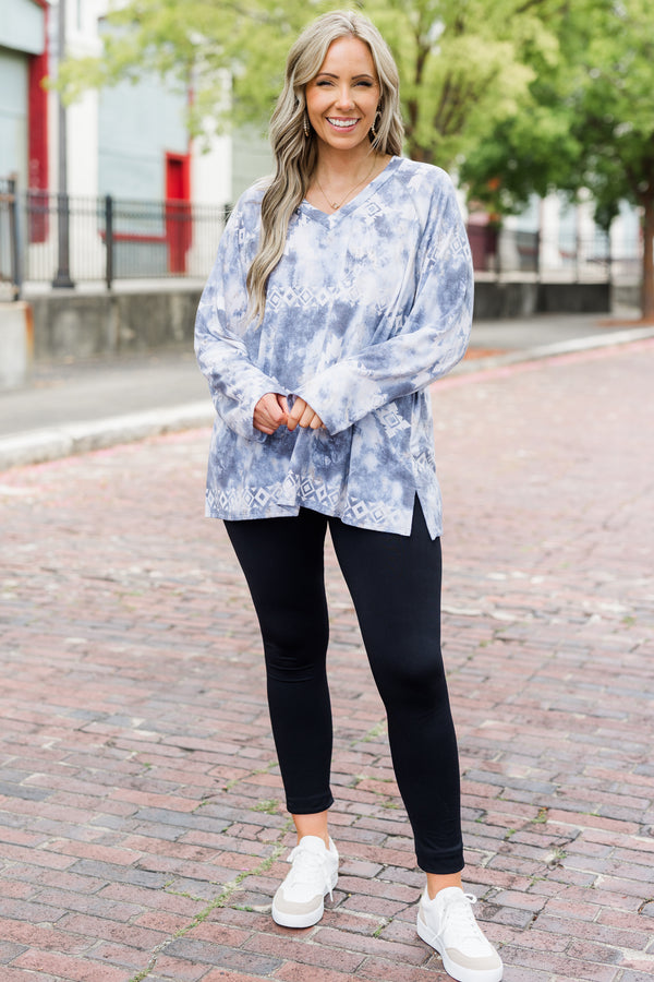 Chic Soul plus size clothing, blue long sleeve top with an Aztec tie dye pattern and slight v-neckline 