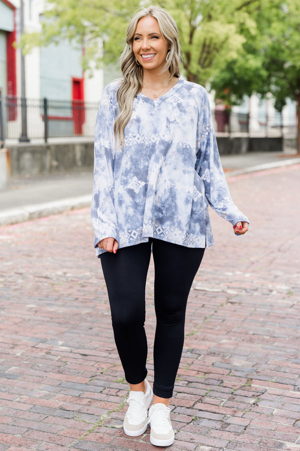 Chic Soul plus size clothing, blue long sleeve top with an Aztec tie dye pattern and slight v-neckline 