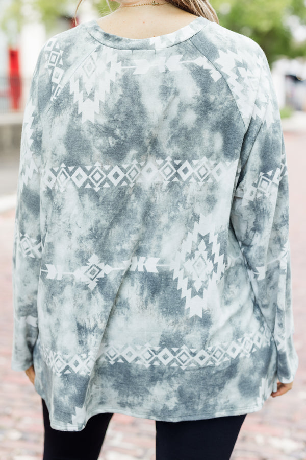 Chic Soul plus size clothing, olive tie dye long sleeve top with a lock pattern and slight v-neckline 