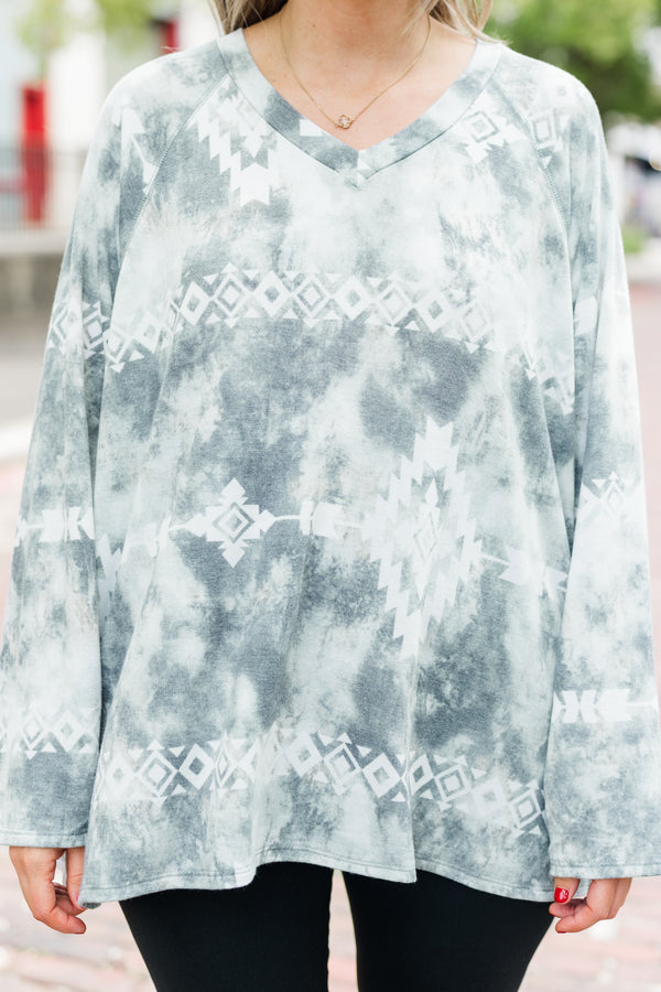 Chic Soul plus size clothing, olive tie dye long sleeve top with a lock pattern and slight v-neckline 