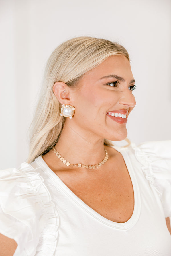 Chic Soul plus size clothing, large gold square-round stud earring with large squarish center pearl and four small round pearls at each corner