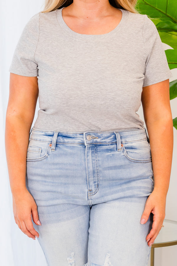Plus Size heather grey short sleeve bodysuit with a crew neckline and ribbed fabric.