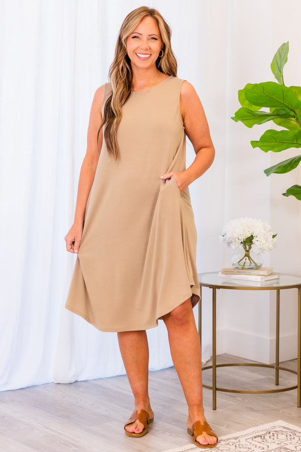 Chic Soul plus size clothing, ash mocha sleeveless flowy knee length dress with round neckline