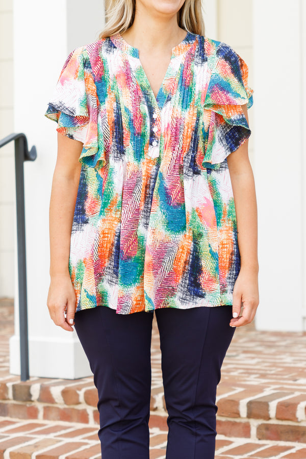 Chic Soul plus size clothing, multicolor abstract pattern top with flutter sleeves and a v neck with button details